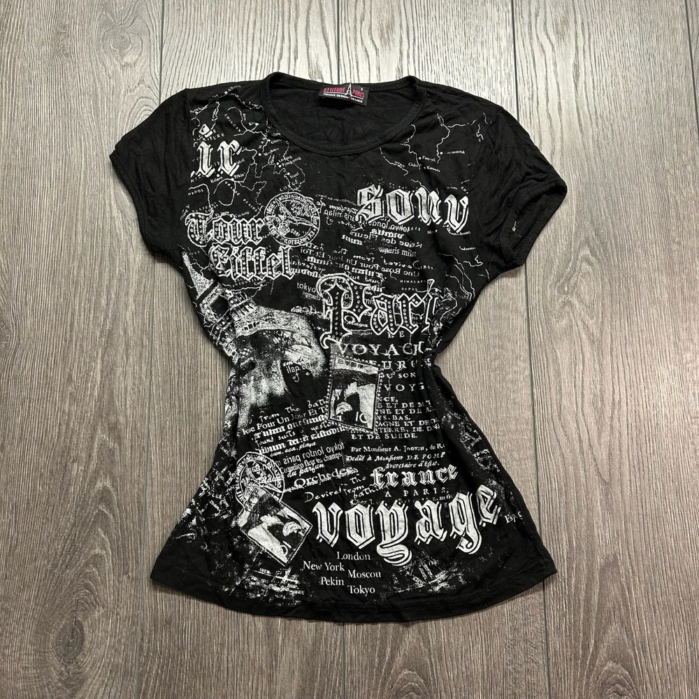 Attitude A Paris Womens Y2K Graphic T-Shirt Black Voyage Print Rhinestone Small